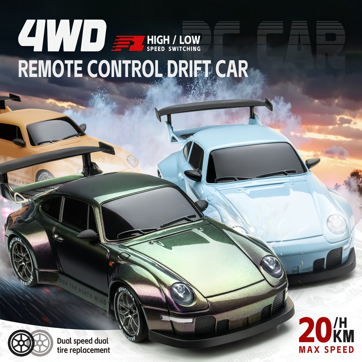 1:24 RC drift car, 2.4Ghz 4WD RC toy with lights, tires