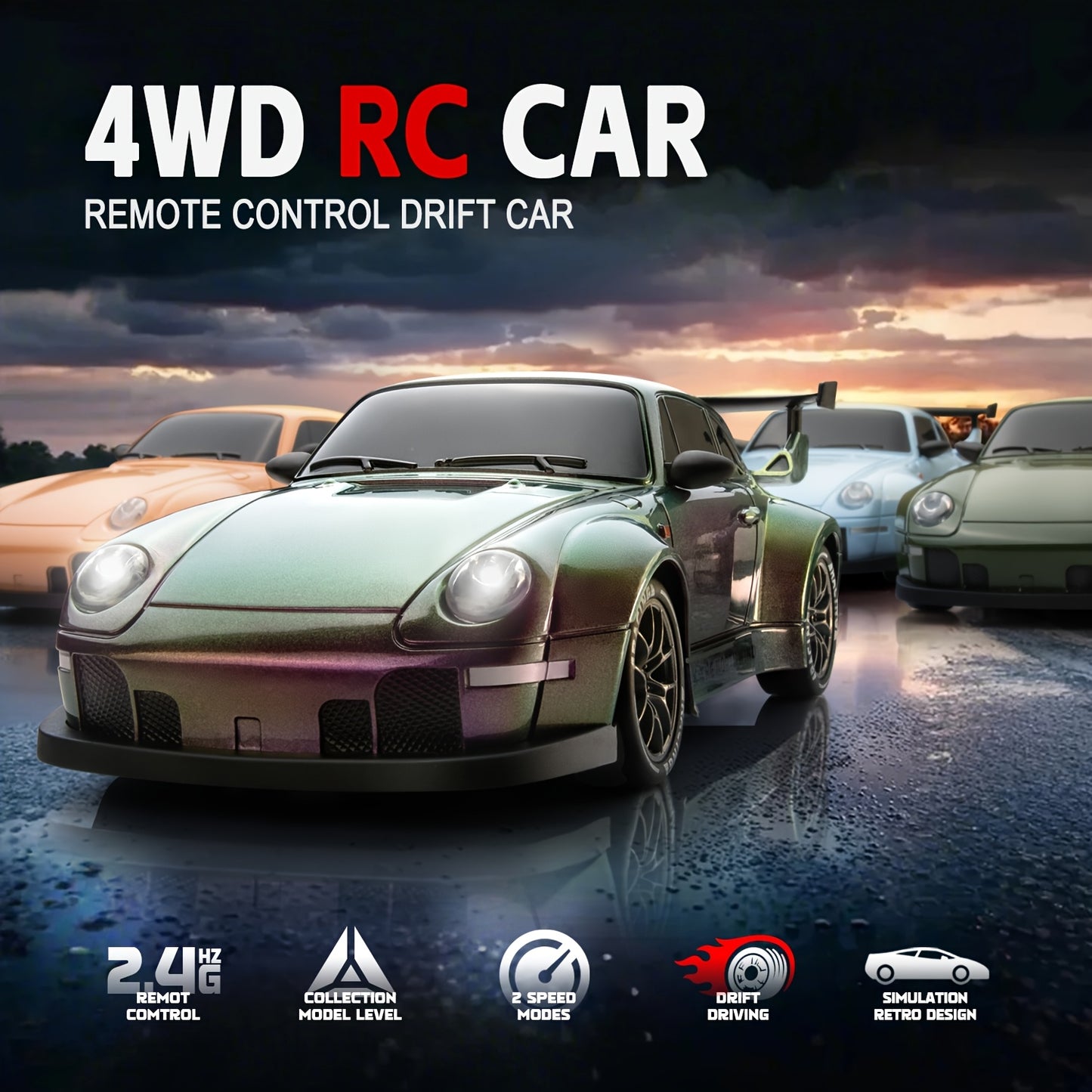 1:24 RC drift car, 2.4Ghz 4WD RC toy with lights, tires