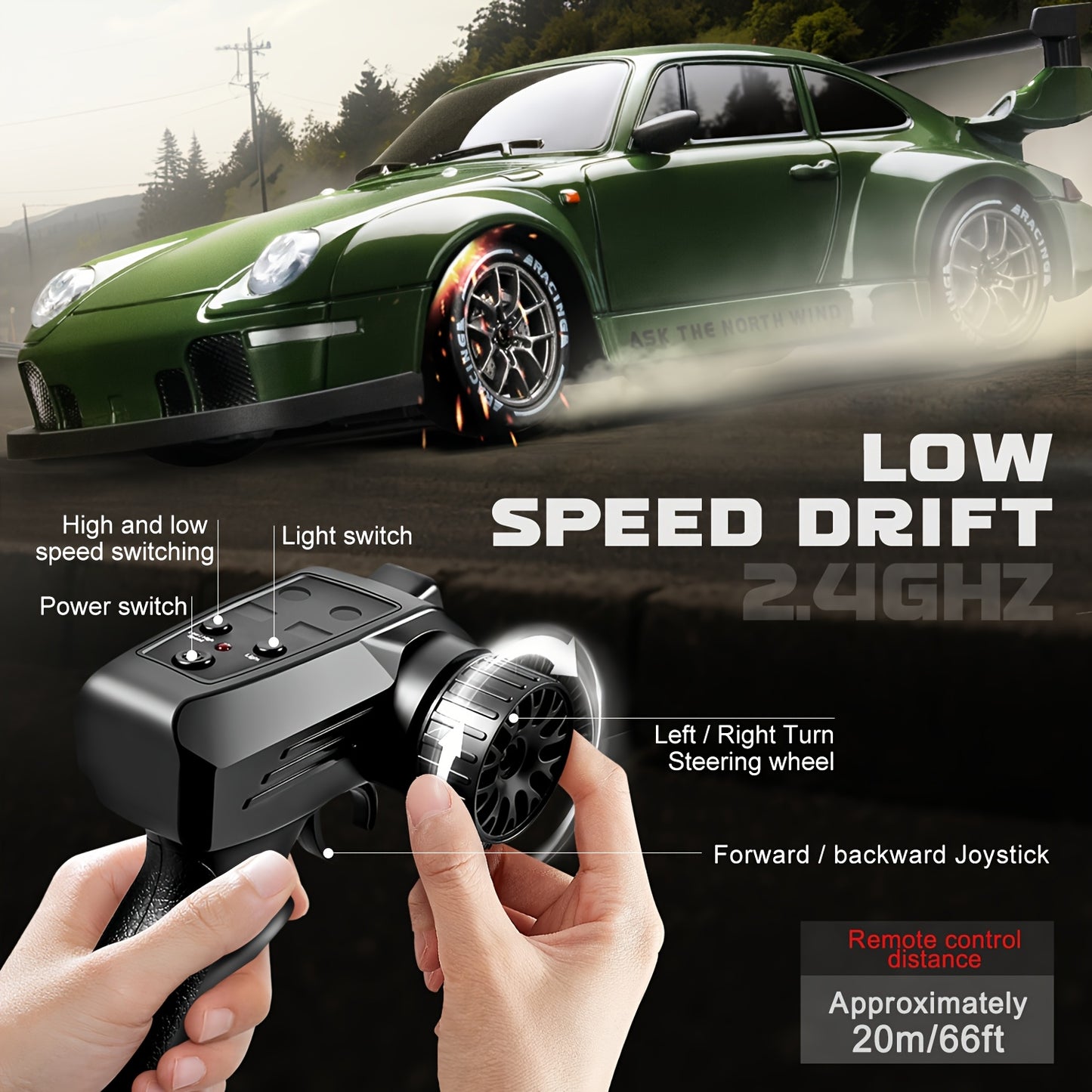 1:24 RC drift car, 2.4Ghz 4WD RC toy with lights, tires