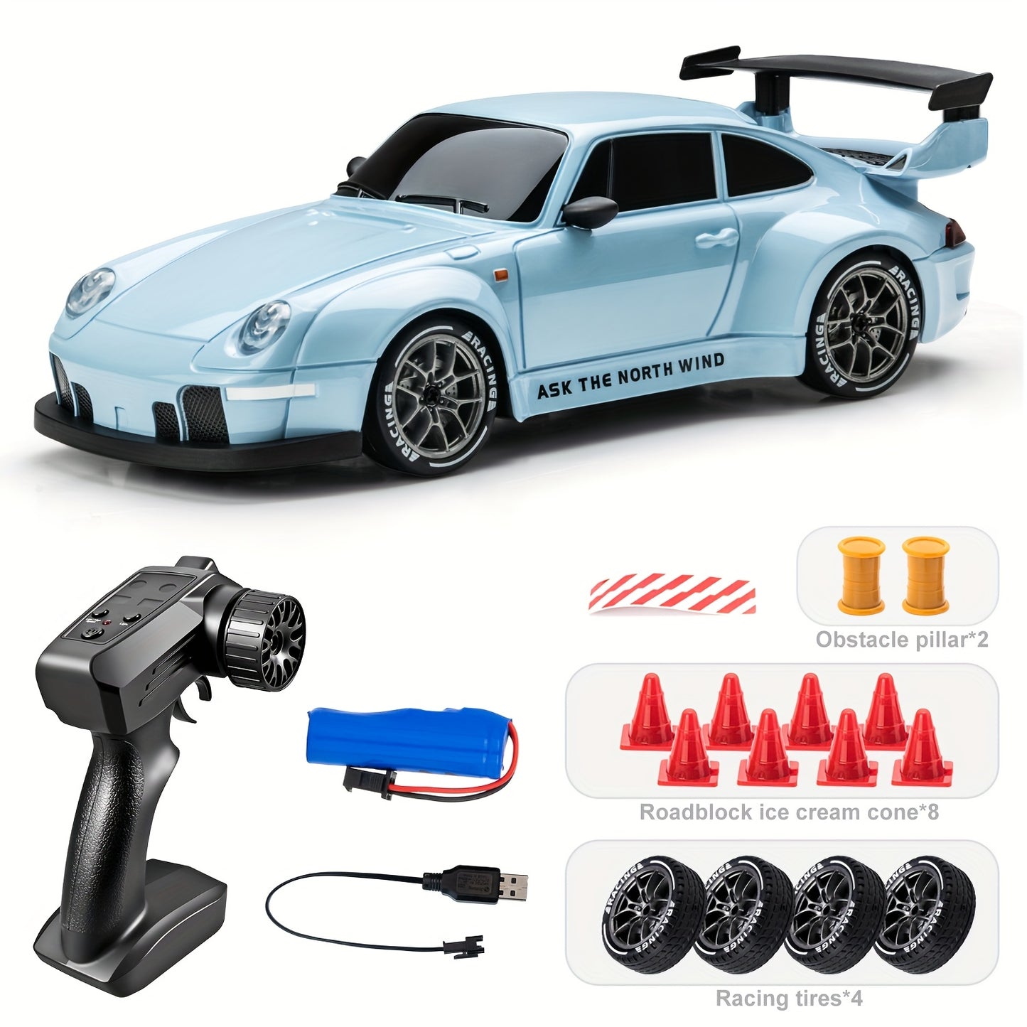 1:24 RC drift car, 2.4Ghz 4WD RC toy with lights, tires