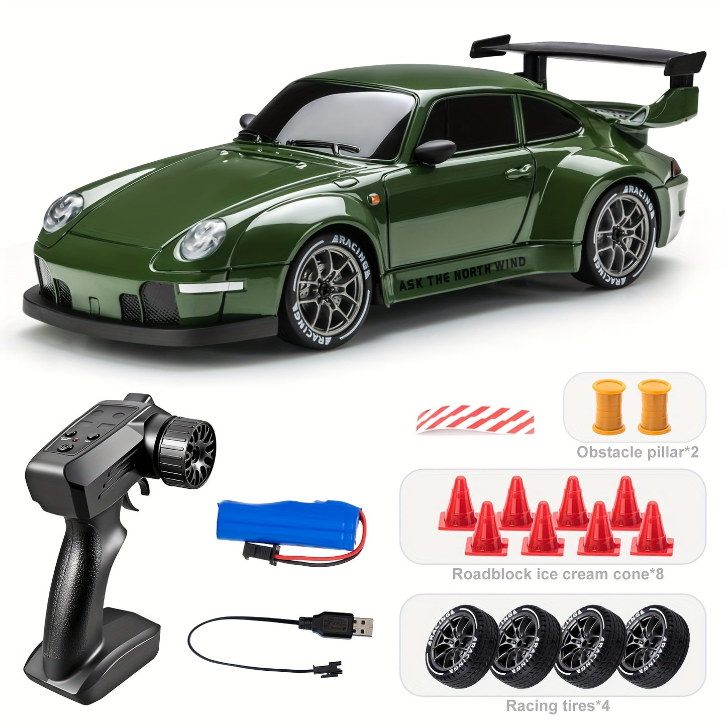 1:24 RC drift car, 2.4Ghz 4WD RC toy with lights, tires