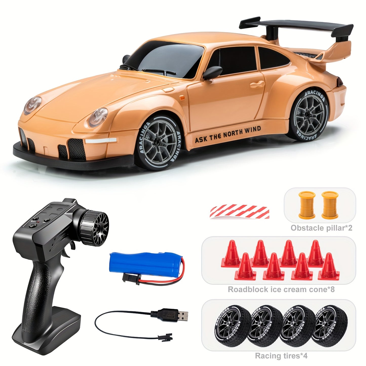 1:24 RC drift car, 2.4Ghz 4WD RC toy with lights, tires